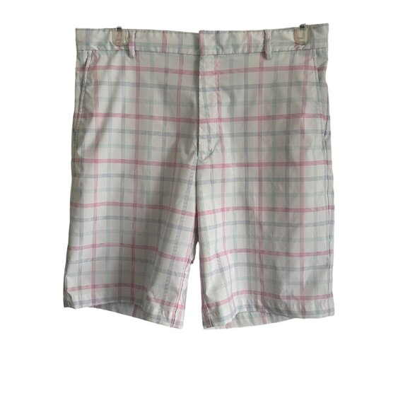 Walter Hagen Mens Plaid Golf Shorts W35 Polyester Blend Pink & Blue - Picture 1 of 8